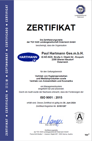 ISO 9001 Zertifikat für Paul HARTMANN Österreich GesmbH