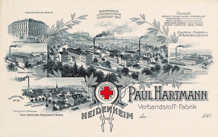 carte postale représentant les quartiers généraux ainsi que différents sites de production et succursales de PAUL HARTMANN