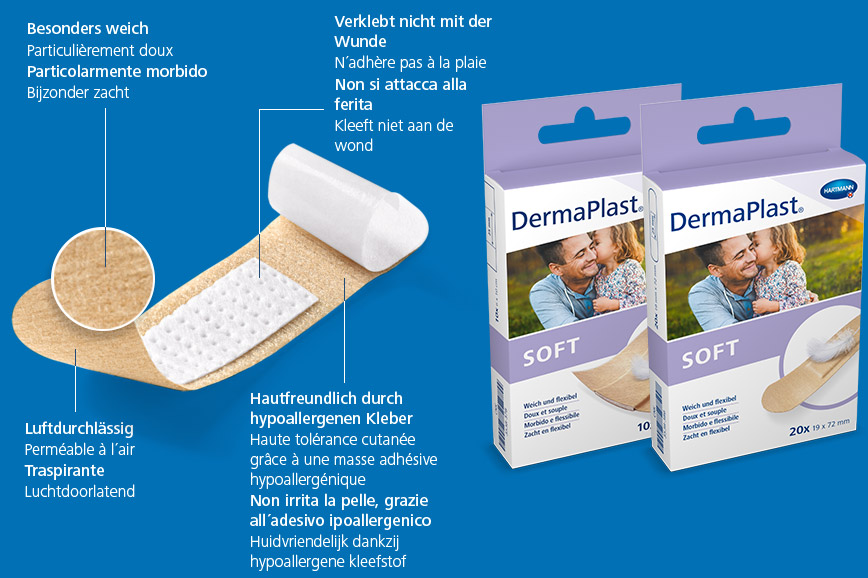 Hartmann DermaPlast® Soft plaster description of material wound patch plus two packshots with father and daughter happy together and feather.