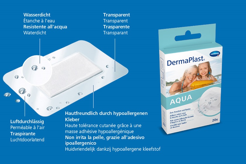 Hartmann DermaPlast® Aqua plaster description of material transparent wound patch water resistant plus packshot with mother and daughter swimming in water on floating matress.
