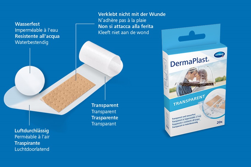 Hartmann DermaPlast® Transparent plaster description of material wound patch plus packshot with couple kissing beneath umbrella in rain.