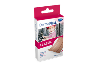 Hartmann DermaPlast® Classic plaster packshot with child riding bike and wearing pink helmet.