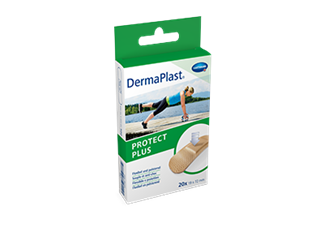 Hartmann DermaPlast® Protect Plus plaster packshot with woman wearing sport clotehs exercising on dock by lake with soccer ball.