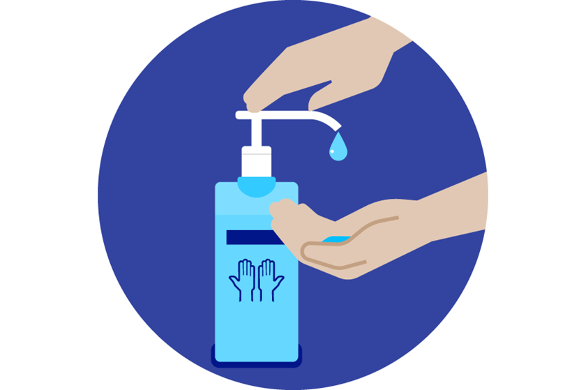 Disinfectant drips from a blue pump bottle into a hand