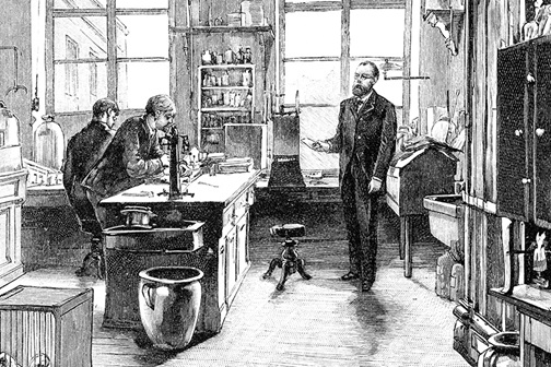 Tekening: Robert Koch in zijn laboratorium