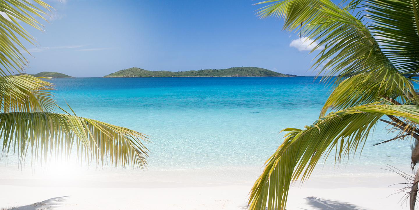 Ausschnitt Strand mit Palmen, blauem Wasser und Inseln im Hintergrund