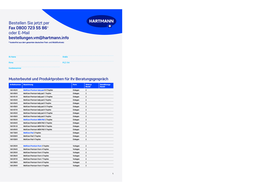 Inkontinenzmanagement | Bestellblatt Mustrbeutel MoliCare Premium Form