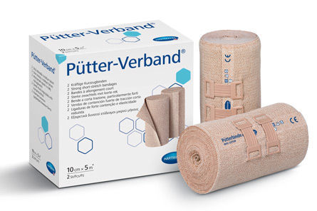 Trvalo elastické krátkoťažné ovínadlo Pütter-Verband s krabičkou v pozadí je jedným z produktov na kompresnú terapiu od HARTMANN   